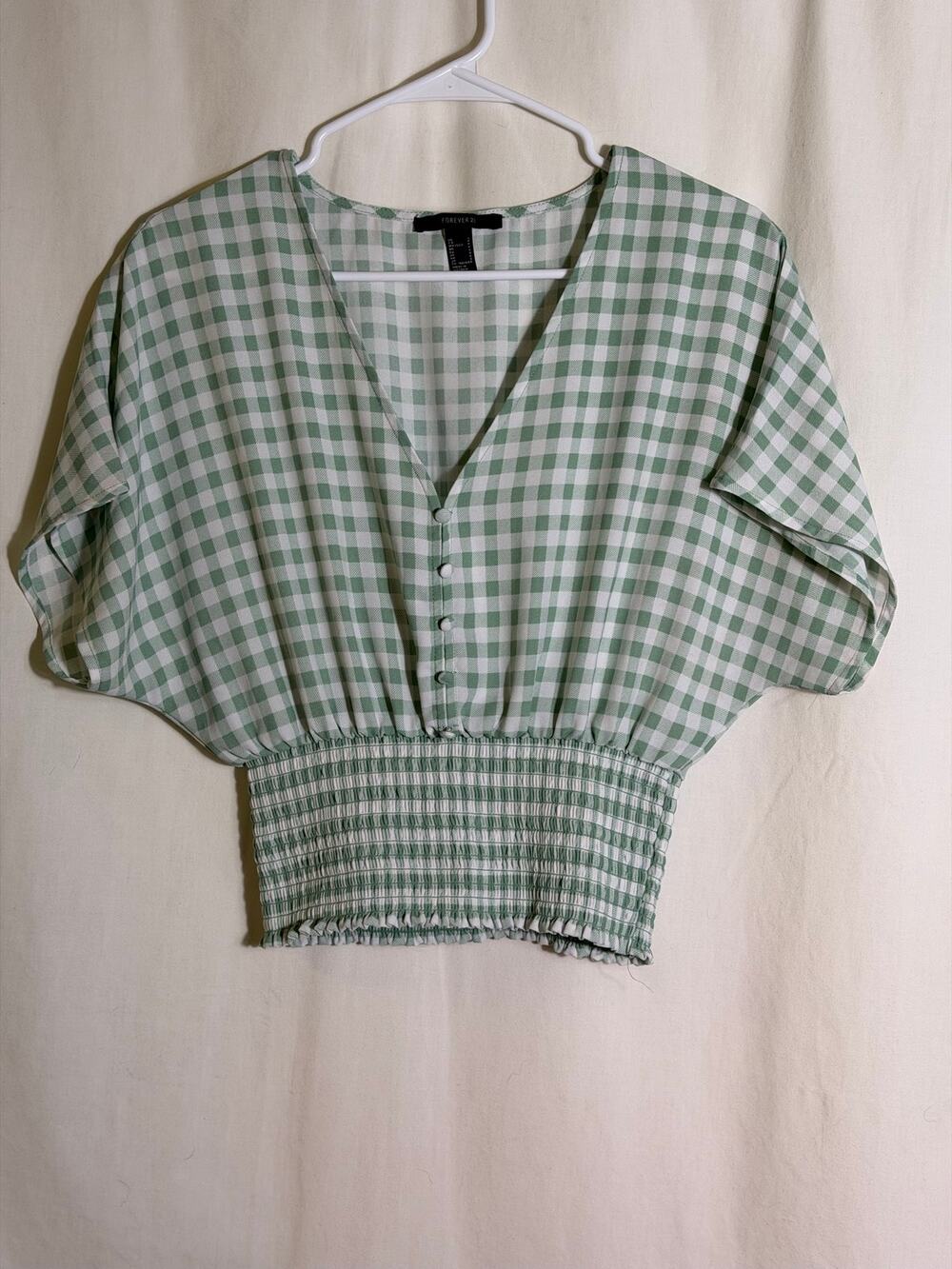 Forever 21 Green Gingham Smocked Crop Top Women’s Small Cottagecore Puff Sleeve